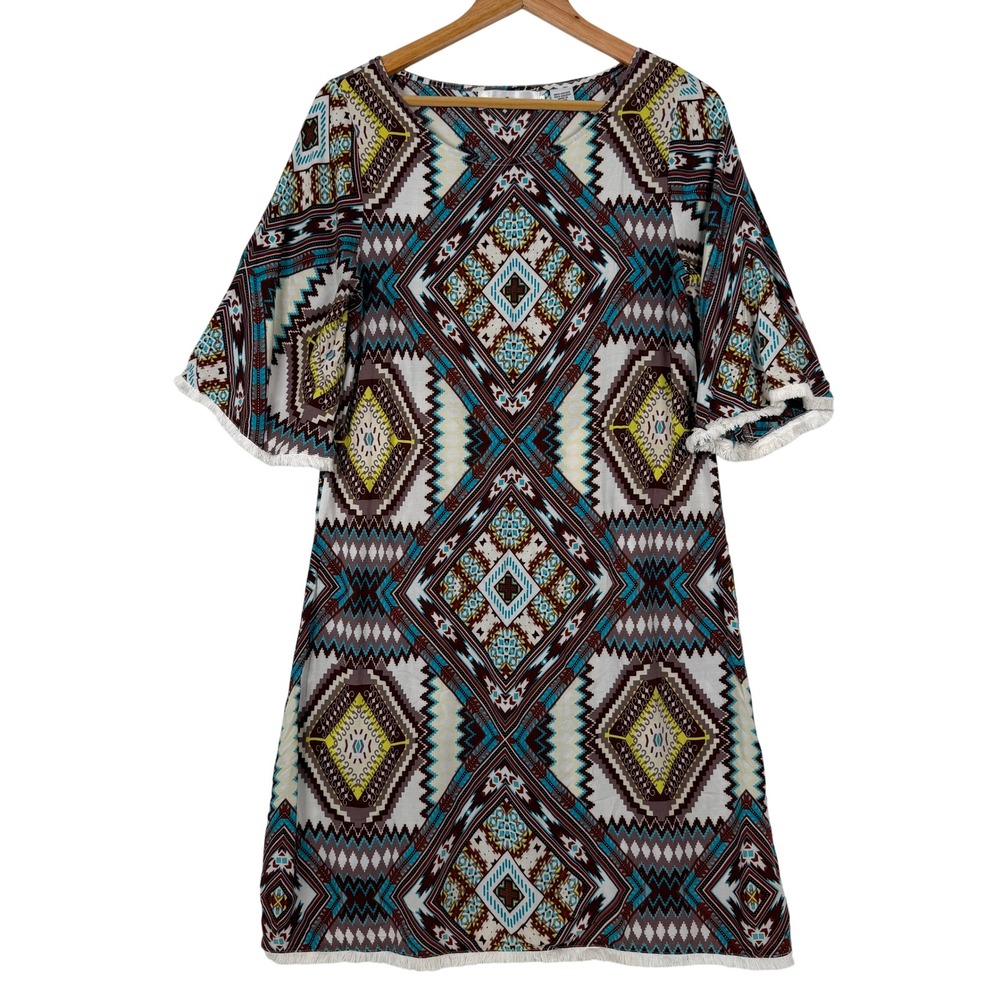 Rancho Estancia "Kristina" Shift Dress Large Multi Southwestern Fringe Sleeve